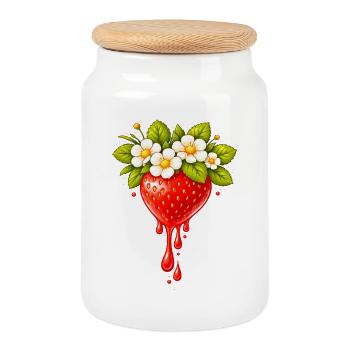 Fraise avec fleurs et gouttes - Boîte à biscuits avec couvercle en bois - blanc - Devant
