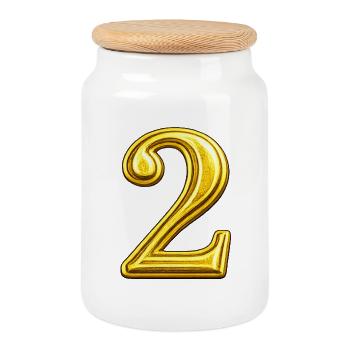 Golden Numeral Two - Glossy Design - Cookie Jar with Wooden Lid - white - Front