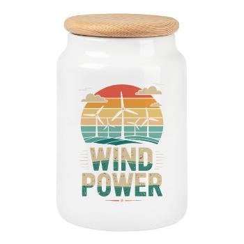 Wind Power Renewable Energy Wind Turbines - Cookie Jar with Wooden Lid - white - Front