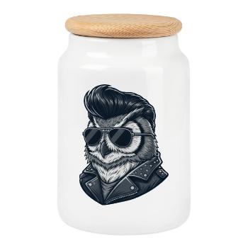 Coole Eule Rock and Roll 60er Sonnenbrille Frisur - Keksdose mit Holzdeckel - Weiß - Vorne