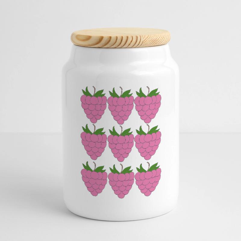 Raspberry Grid Pattern Cookie Jar with Wooden Lid