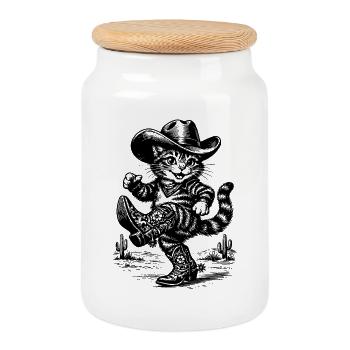 Katzen-Cowboy in Wüste - Keksdose mit Holzdeckel - Weiß - Vorne