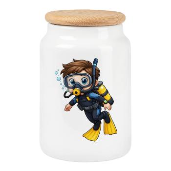 Diver Kid Cartoon Diving Ocean Motif - Cookie Jar with Wooden Lid - white - Front