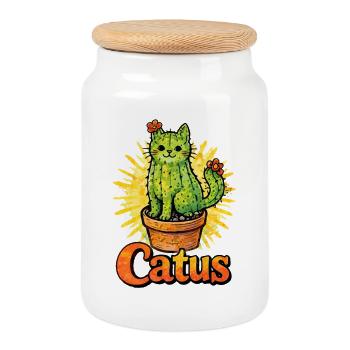 Catus Cat Cactus Illustration - Boîte à biscuits avec couvercle en bois - blanc - Devant