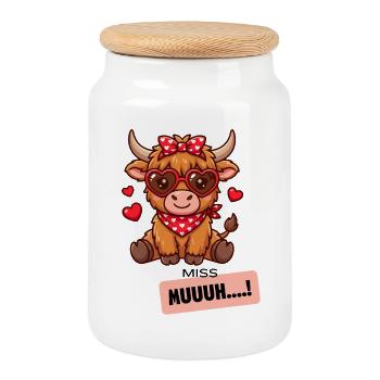 Kuh mit Herzbrille und Bandana - Keksdose mit Holzdeckel - Weiß - Vorne
