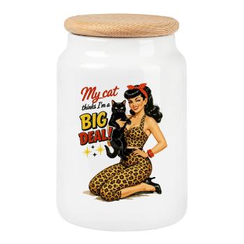 Rockabella & Cat: My cat thinks I'm a big deal - Cookie Jar with Wooden Lid - white - Front