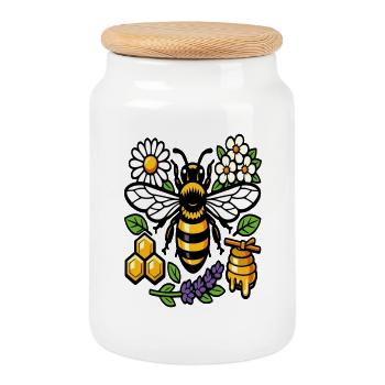 Bee and wildflowers - Cookie Jar with Wooden Lid - white - Front