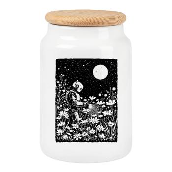 Robot Watering Glowing Flowers - Cookie Jar with Wooden Lid - white - Front