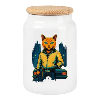 Style Ville Chat Néon – Design Cool Cat - Boîte à biscuits avec couvercle en bois - blanc - Devant