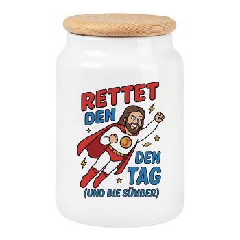 Rettet den Tag Jesus Humor Design - Keksdose mit Holzdeckel - Weiß - Vorne
