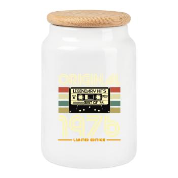 Original 1976 Cassette Vintage - Cookie Jar with Wooden Lid - white - Front
