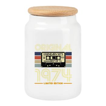 Original 1974 Cassette Rétro - Boîte à biscuits avec couvercle en bois - blanc - Devant