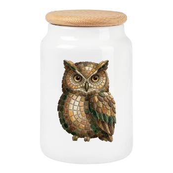 Owl Mosaic - Wise Owl Fan Gift Idea - Cookie Jar with Wooden Lid - white - Front