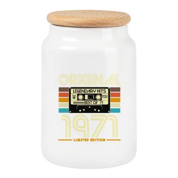 Original 1971 Limited Edition Retro Cassette - Cookie Jar with Wooden Lid - white - Front