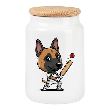 German Shepherd Cricket Cartoon Player - Cookie Jar with Wooden Lid - white - Front