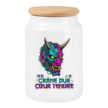Cyber Oni Mask - Crâne dur Cœur tendre - Boîte à biscuits avec couvercle en bois - blanc - Devant