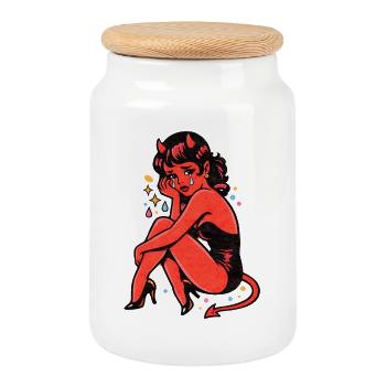 Crimson Devil Girl Crying Illustration - Cookie Jar with Wooden Lid - white - Front