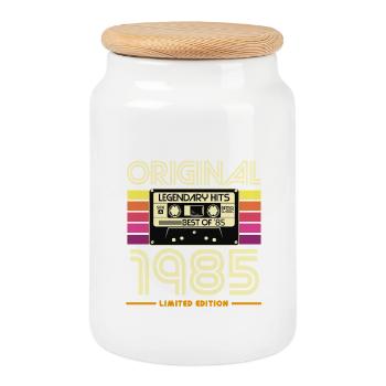 Original 1985 Retro Cassette - Cookie Jar with Wooden Lid - white - Front