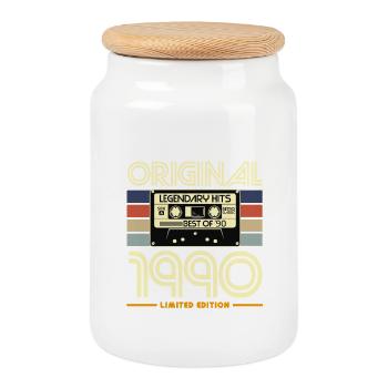 Original 1990 Heritage Cassette - Cookie Jar with Wooden Lid - white - Front