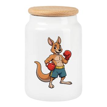 Kangaroo Boxer Cartoon - Cookie Jar with Wooden Lid - white - Front