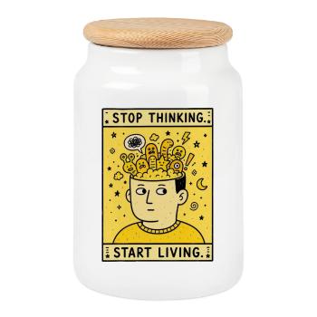 STOP THINKING. START LIVING. - Keksdose mit Holzdeckel - Weiß - Vorne