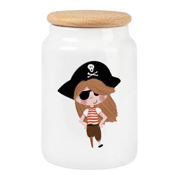 Pirate Girl Cartoon Eye Patch - Cookie Jar with Wooden Lid - white - Front