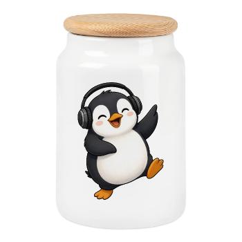 Mignon manchot dansant avec des écouteurs DJ de fête kawaii - Boîte à biscuits avec couvercle en bois - blanc - Devant