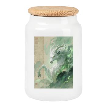 Bai Ze : L’Auspice Divin - Souffle de Sérénité - Boîte à biscuits avec couvercle en bois - blanc - Devant