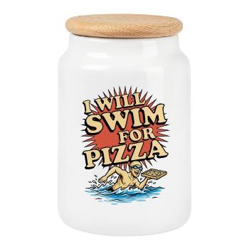 Je nage pour la pizza - Boîte à biscuits avec couvercle en bois - blanc - Devant