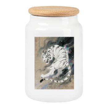 L'Ombre du Sommet : Baihu – Crépuscule Mystique - Cookie Jar with Wooden Lid - white - Front