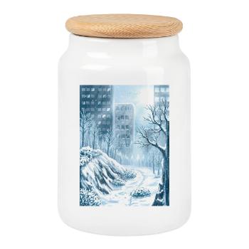 Snowy Winter Blue Town - Cookie Jar with Wooden Lid - white - Front