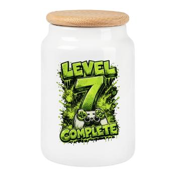 Level 7 Complete Gamer Shirt – Grünes Gaming - Keksdose mit Holzdeckel - Weiß - Vorne
