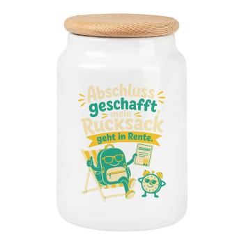 Abschluss geschafft, mein Rucksack geht in Rente. - Keksdose mit Holzdeckel - Weiß - Vorne