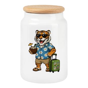 Tiger im Hawaii-Hemd am Strand - Keksdose mit Holzdeckel - Weiß - Vorne