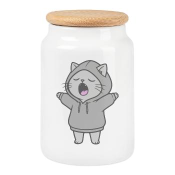 Katze im Hoodie - Keksdose mit Holzdeckel - Weiß - Vorne