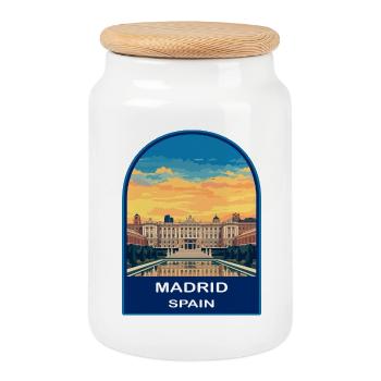 Madrid Spain Royal Palace Retro Sunset Travel Badg - Cookie Jar with Wooden Lid - white - Front