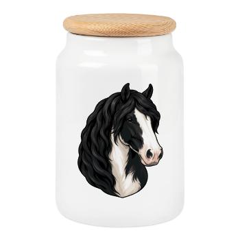 Black and White Magpie Horse Portrait - Cookie Jar with Wooden Lid - white - Front