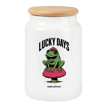 Grenouille porte-bonheur au chapeau champignon - Boîte à biscuits avec couvercle en bois - blanc - Devant