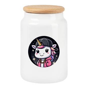 Einhorn Tier Rapper Mädchen Comic Cartoon - Keksdose mit Holzdeckel - Weiß - Vorne