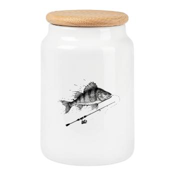 Vecteur d’encre de pêche à la canne perche perche - Boîte à biscuits avec couvercle en bois - blanc - Devant