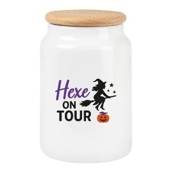 Hexe auf Tour Halloween Design - Keksdose mit Holzdeckel - Weiß - Vorne