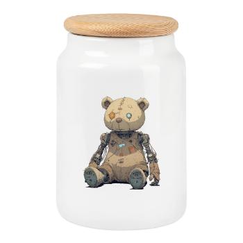 Ours en peluche réparé dans Rusty Robot - Boîte à biscuits avec couvercle en bois - blanc - Devant