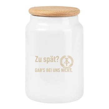 GDR Retro Shirt – "Too late? We didn't have that." - Cookie Jar with Wooden Lid - white - Front