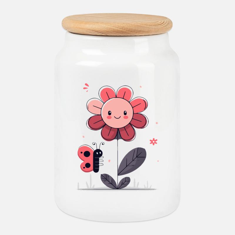 Flower with butterfly - Cookie Jar with Wooden Lid - white