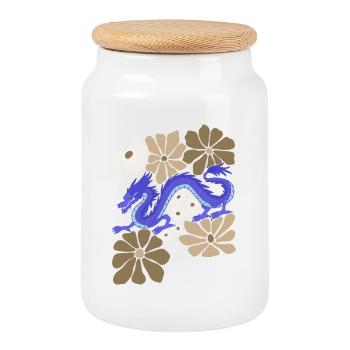 Dragon bleu floral - Boîte à biscuits avec couvercle en bois - blanc - Devant