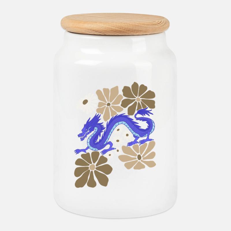 Blumenblauer Drache - Keksdose mit Holzdeckel - Weiß