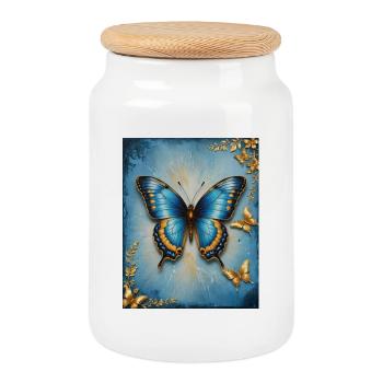 Azurblauer Schmetterling mit Goldakzenten - Keksdose mit Holzdeckel - Weiß - Vorne