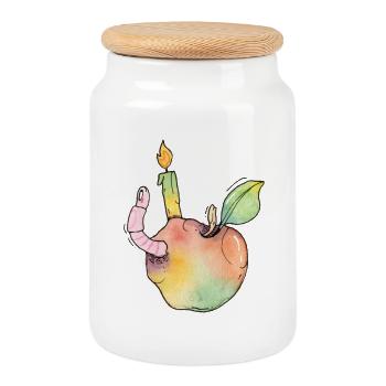 Pomme douce avec bougie d’anniversaire et ver de terre - Boîte à biscuits avec couvercle en bois - blanc - Devant