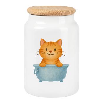 Chaton dans la salle de bain - Boîte à biscuits avec couvercle en bois - blanc - Devant
