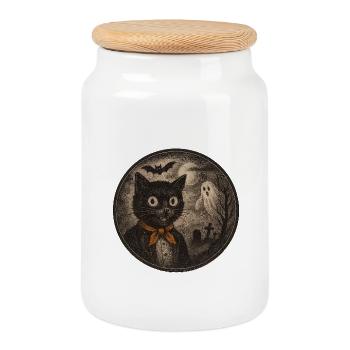 Creepy cats with ghost moon - Cookie Jar with Wooden Lid - white - Front